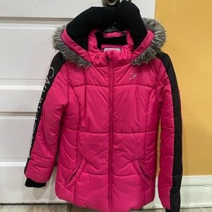 Calvin Klein Girls' Long Length Hooded Puffer Jacket with Fleece lining